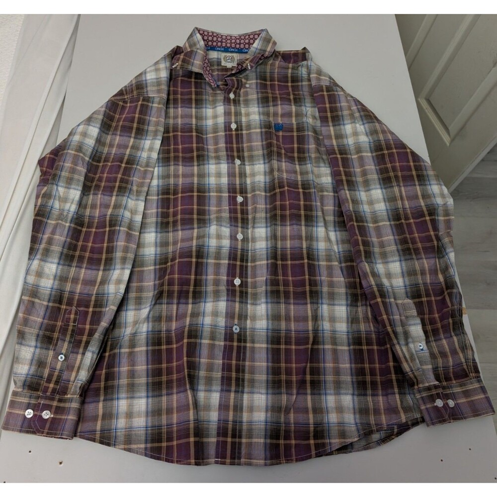 Cinch Mens Plaid Button Down Western Shirt XXL Purple Burgundy Altered Short Slv